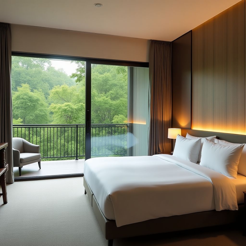 Luxe suite met een ruim balkon en uitzicht op het bos