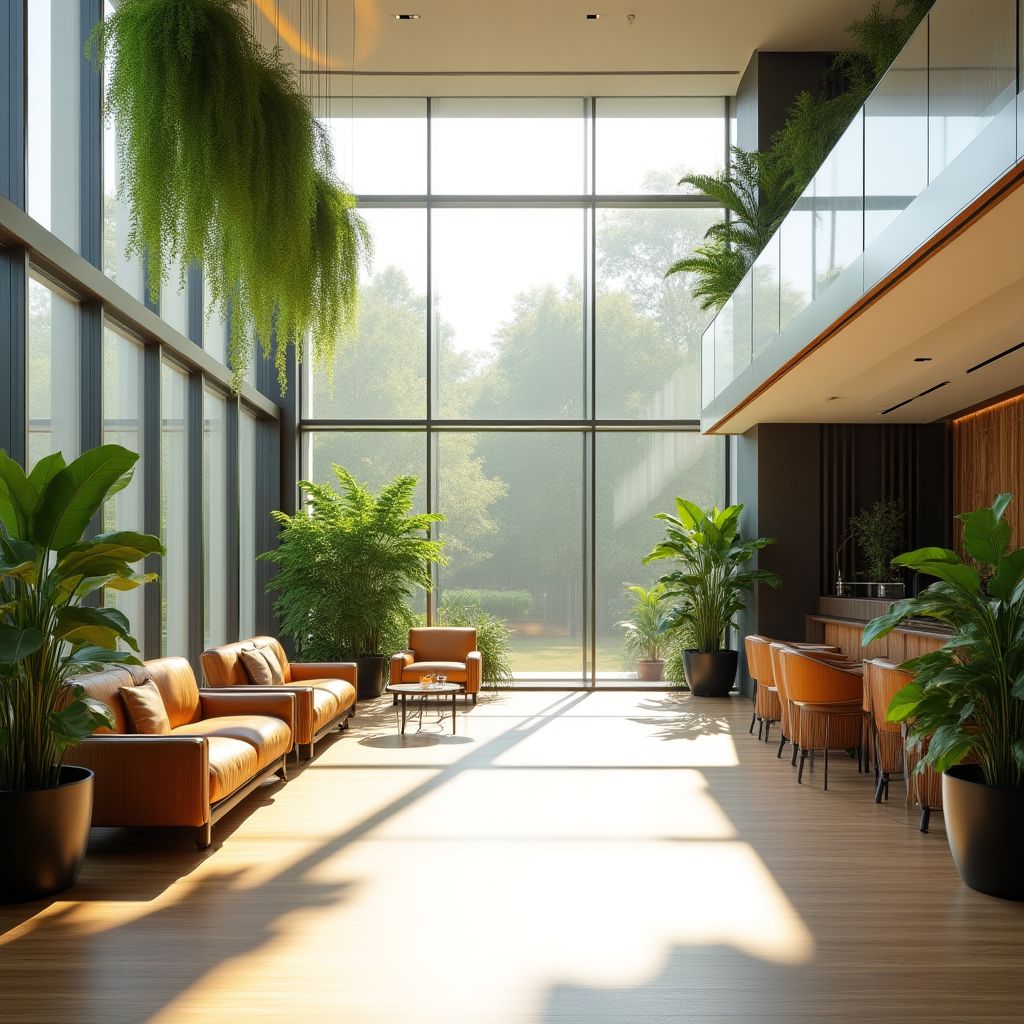 Lichte en ruime hotellobby met veel groene planten en natuurlijk licht