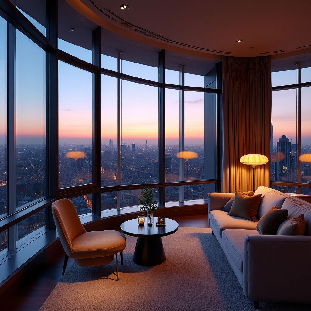 Moderne loft met panoramische ramen die uitkijken over de stad